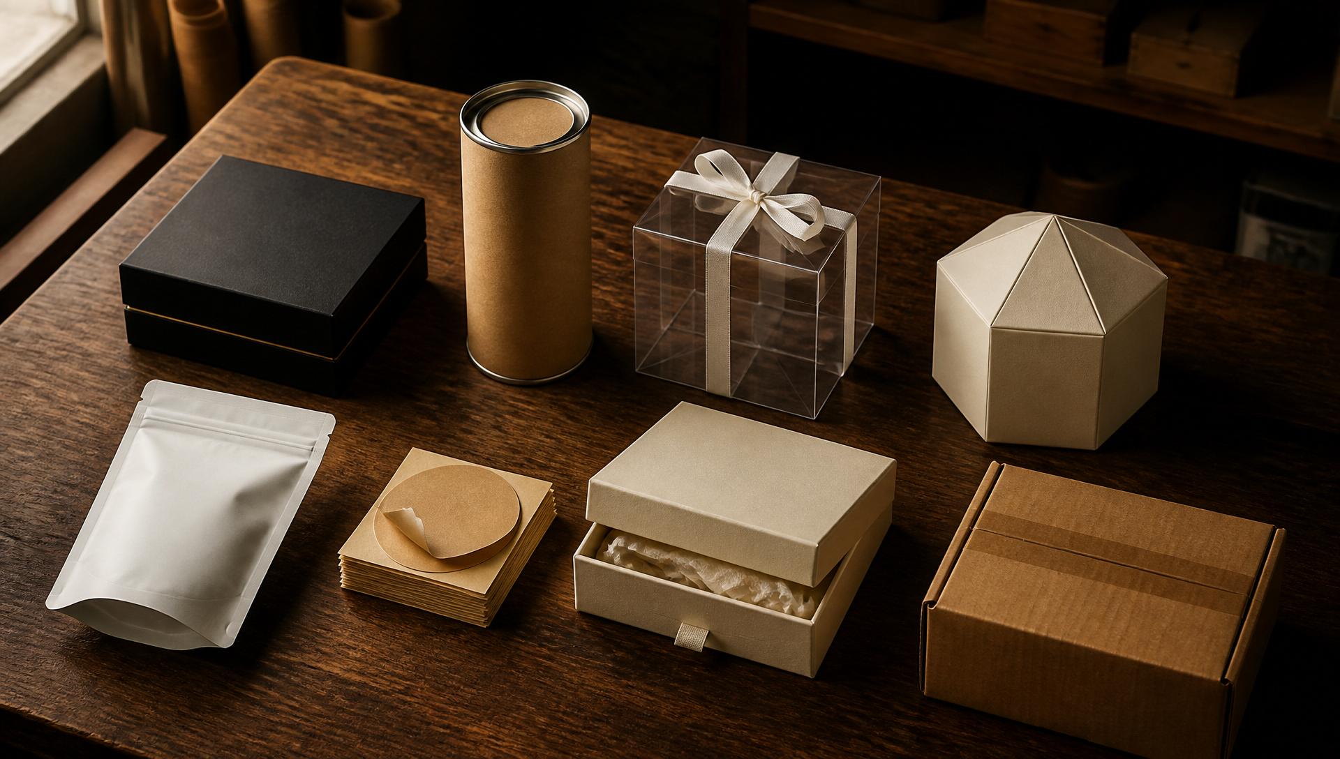 Eight signature packaging structures from MUGE on a designer's workbench: rigid box, paper tube, PVC box, specialty structure, stand-up pouch, custom stickers, folding gift box, ready-to-ship mailer
