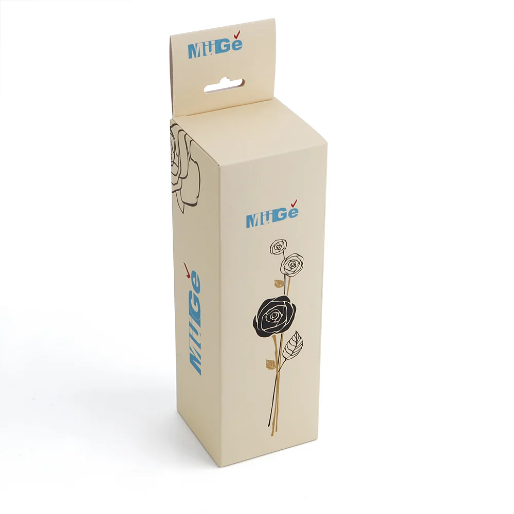 Archived MUGE-branded folding carton assembled with a retail hang tab and top closure