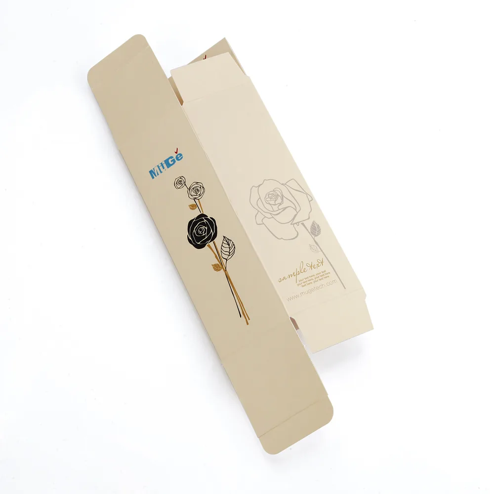 MUGE printed folding carton laid flat to show panels and closure flaps