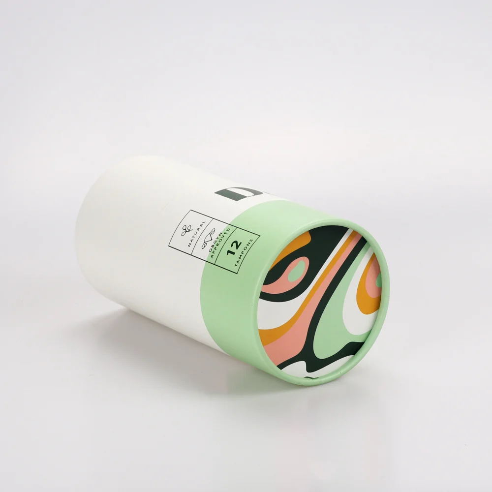 Physical paper tube sample with printed wrap, paper shoulder and removable lid