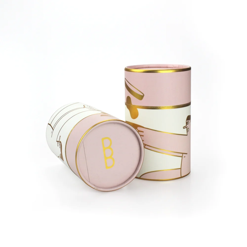 Physical paper tube set with separate lid and metallic rim detail