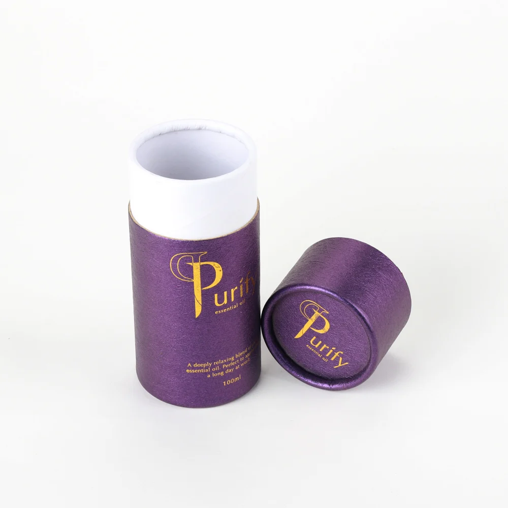 Physical purple paper tube displayed open with a separate cap