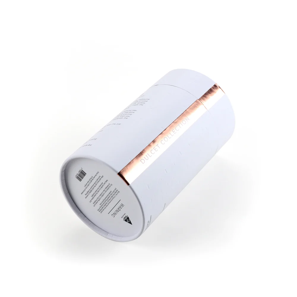 Physical tall white paper tube sample with printed wrap