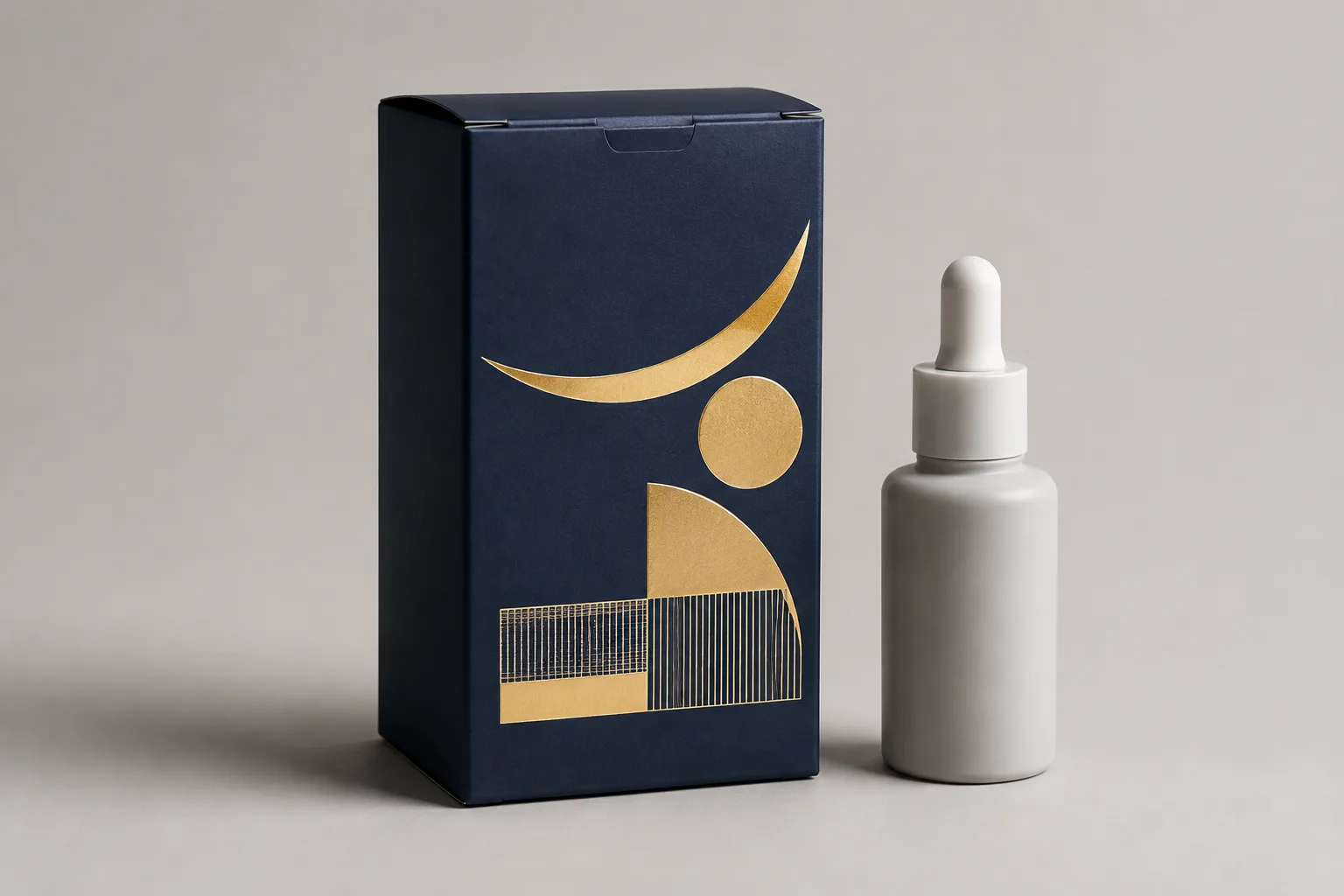MUGE design-direction concept of a navy folding retail display carton with blank gold foil geometric panels