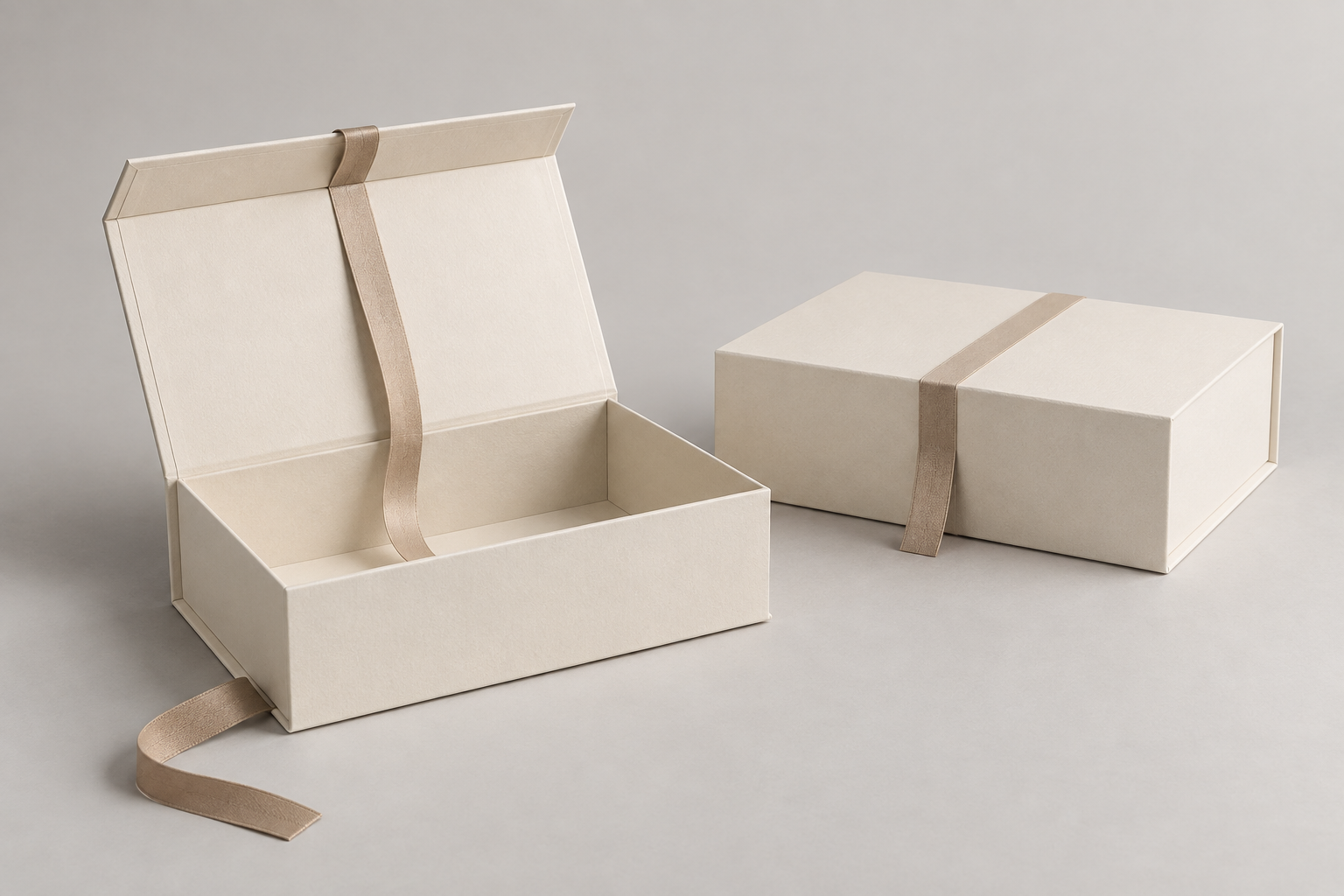 MUGE design-direction concept of unbranded ivory foldable gift boxes with a muted ribbon placement