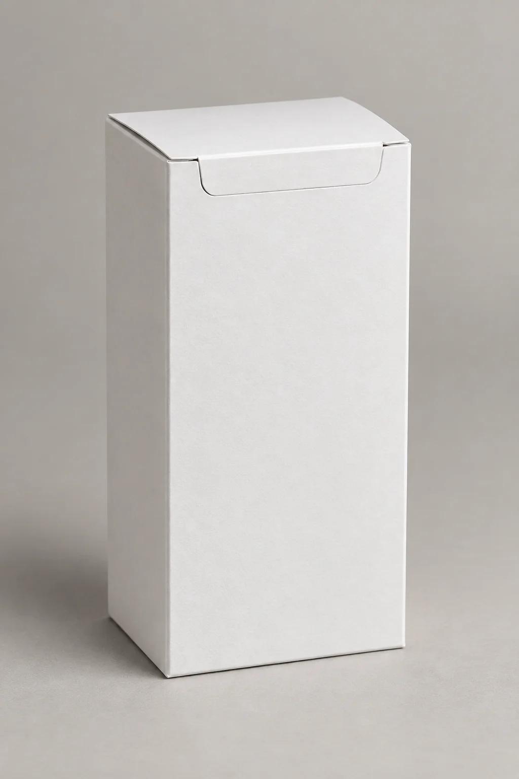 MUGE design-direction concept of an unbranded white folding carton with a visible tuck-end closure